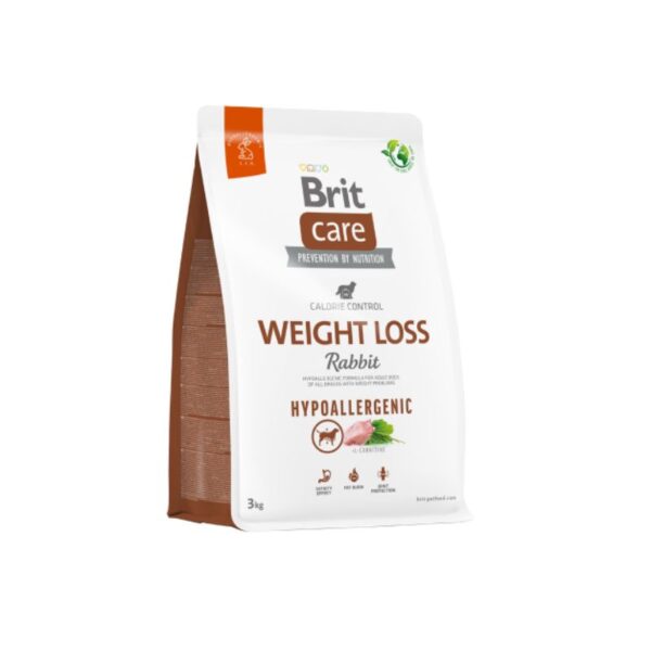 Brit Care Weight Loss es una fórmula hipoalergénica para perros adultos de todas las razas con problemas de peso. Fórmula hipoalergénica para perros adultos de todas las razas con problemas de peso. Alimento hipoalergénico Super Premium con una única fuente de proteína animal, ideal para perros con problemas de sobrepeso. El bajo contenido de grasa junto con el alto aporte de proteínas provenientes del conejo ayudan a mantener el peso óptimo, mientras que la L-carnitina promueve el metabolismo y quema de las grasas.