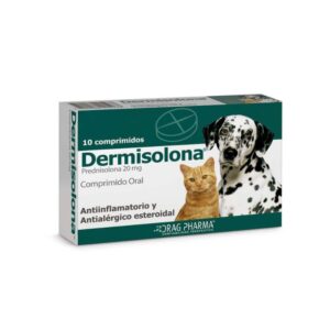 Medicamentos 12 Dermisolona Comprimidos 20 MG es un medicamento esencial para el tratamiento de afecciones inflamatorias y alérgicas en perros y gatos. Este producto, disponible en comprimidos de 20 mg, es un potente antialérgico y antiinflamatorio esteroidal diseñado para ofrecer alivio eficaz en una variedad de condiciones clínicas.
