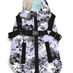 Parka de Perro Arnés Camuflaje Gris es una prenda ligera y cálida. Cuenta con un forro de felpa con relleno de algodón de polipropileno que es grueso y suave. Acogedor y resistente al viento, mantiene caliente y seco en climas fríos e invierno a tu mascota.