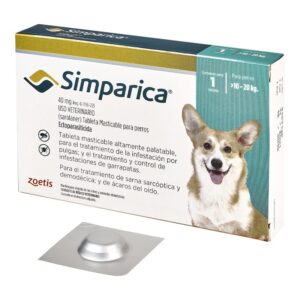 Antiparasitarios 4 Simparica 10 a 20 KG 1 Comprimido es una pastilla masticable para el tratamiento de pulgas, garrapatas y acaros que porducen la sarna. Ofrece una nueva e innovadora forma de controlar las pulgas y las garrapatas al proporcionar actividad inmediata y persistente durante al menos 35 días, actuando más allá del período de tratamiento mensual. Formato para perros entre 10 y 20 kilos. Con su modalidad de 1 comprimido. Podras mantener protegido a tu mascota por mas tiempo y sin pagar de mas. Comprimidos masticables! Acción rápida por hasta 35 días! Simparica tiene una notoria eficacia sostenida y prolongada por hasta 35 días, reduciendo el riesgo de falla de administración mensual.