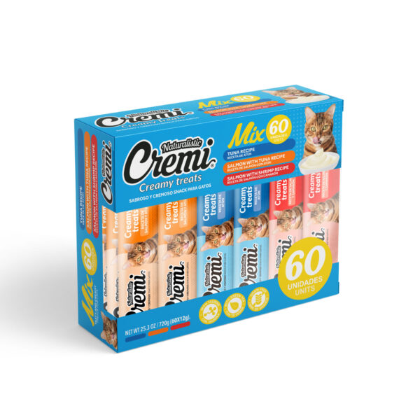 Cremi Mix Atún x 60 es un increíble pack de 60 tubos de Cremi en un mix de sus variedades de Atún, Salmón/Atún y Salmón/Camarón . Elaborado con carne de atún, salmón y camarón, y reforzado con taurina aminoácido esencial para los gatos.